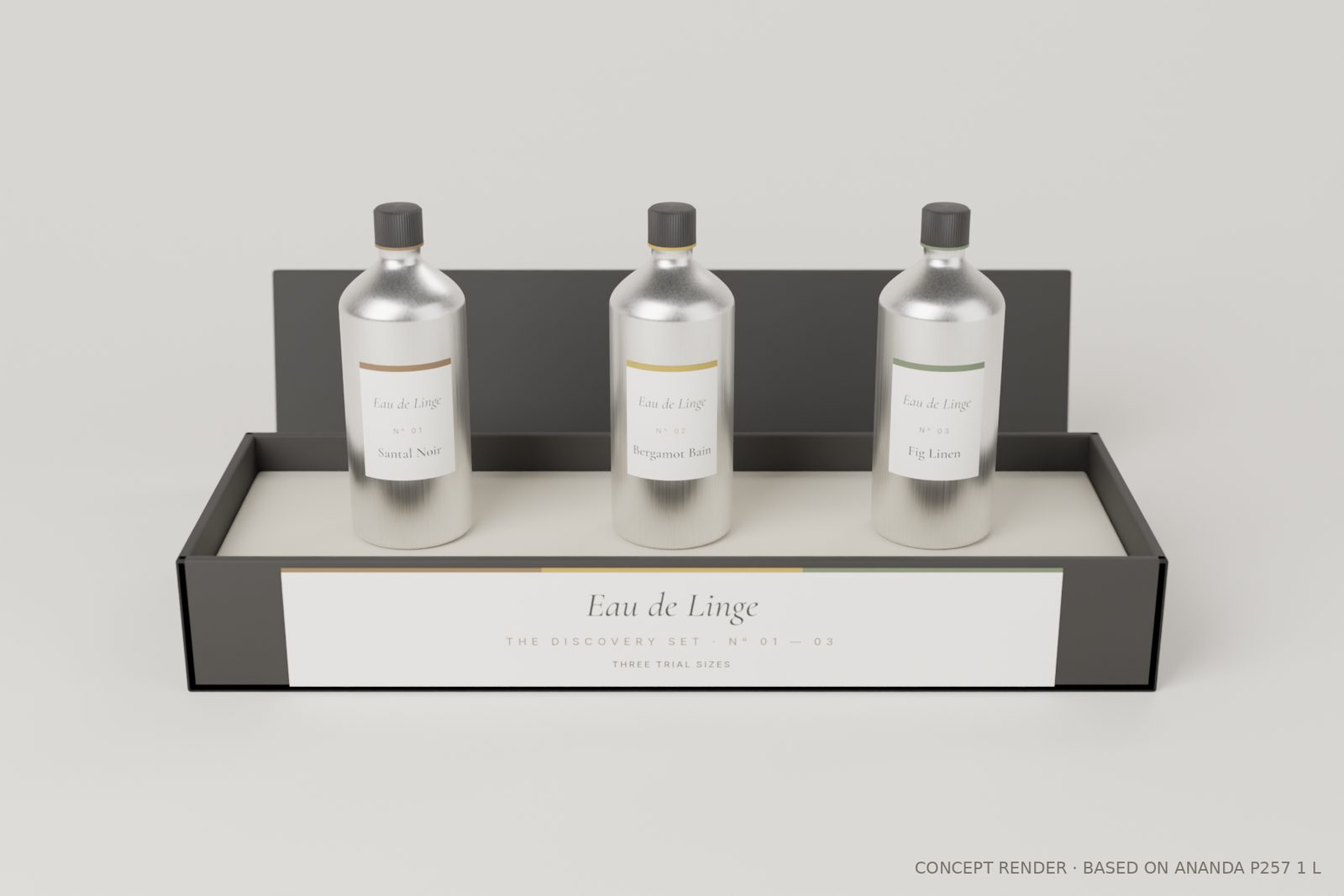 Discovery Set concept: three miniature bottles, one of each fragrance, in a presentation box. Concept render; size to be confirmed.