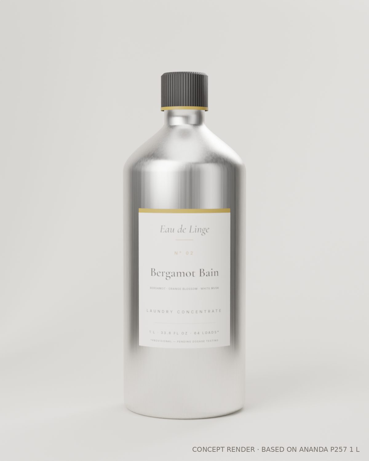 Bergamot Bain N° 02 in the 1 L aluminum bottle. Concept render; product in development.