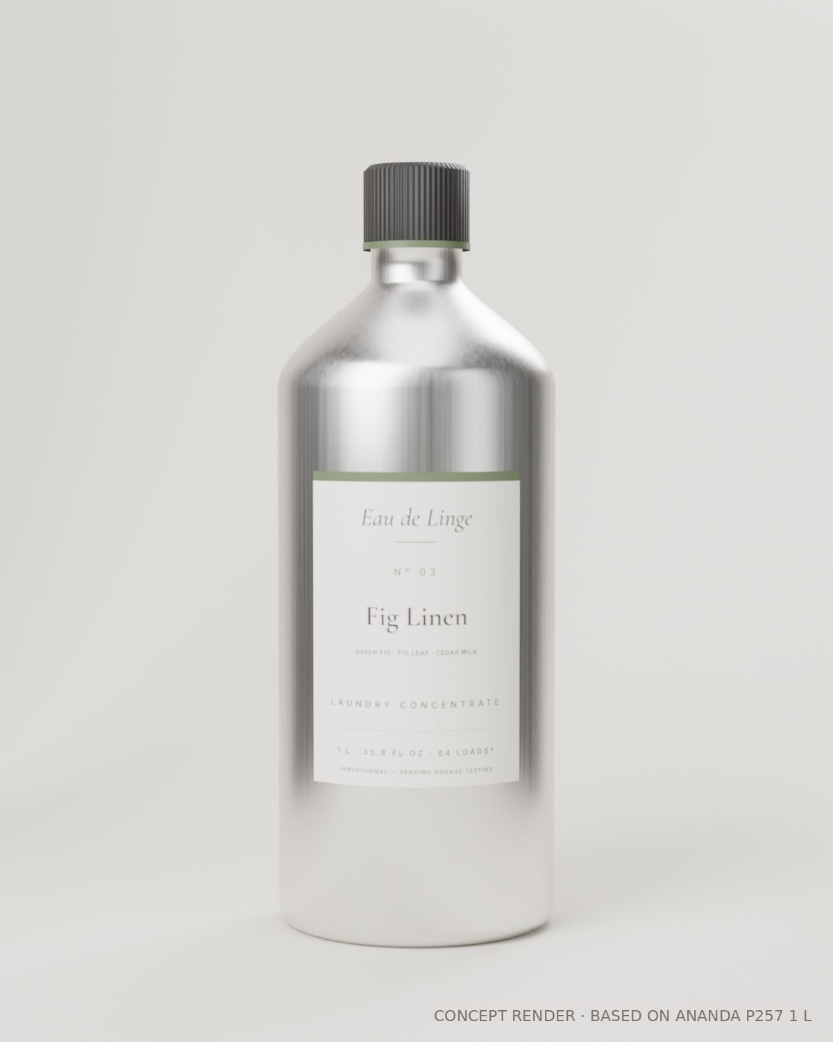 Fig Linen N° 03 in the 1 L aluminum bottle. Concept render; product in development.