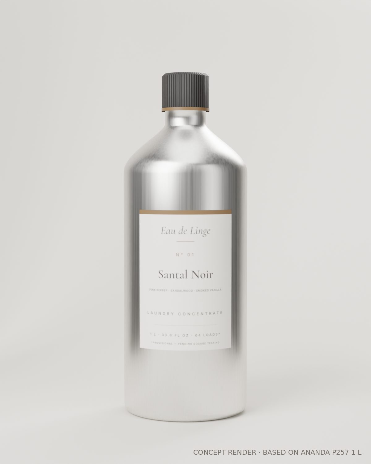 Santal Noir N° 01 in the 1 L aluminum bottle. Concept render; product in development.