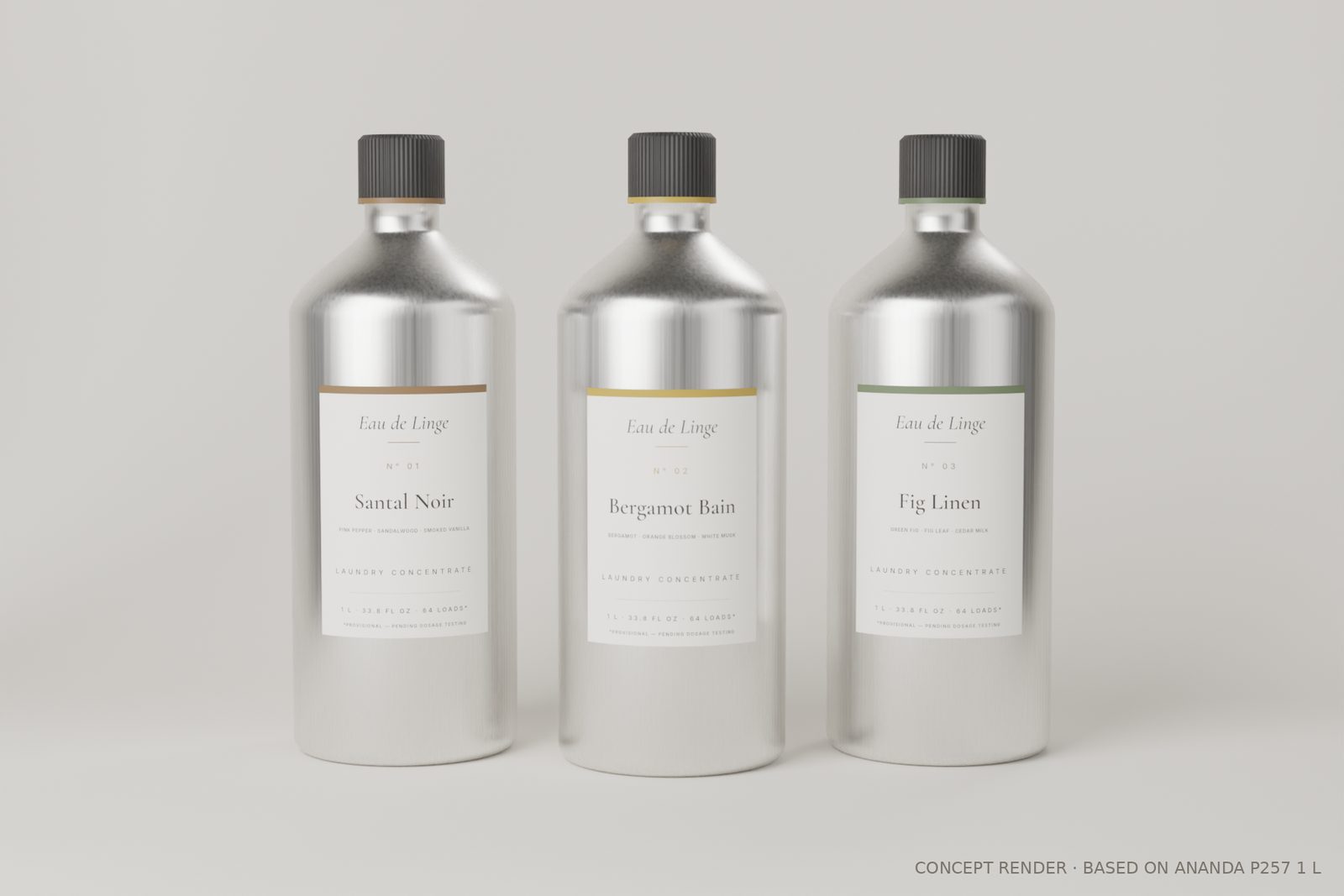 The Eau de Linge lineup: Santal Noir, Bergamot Bain and Fig Linen in 1 L aluminum bottles. Concept render.