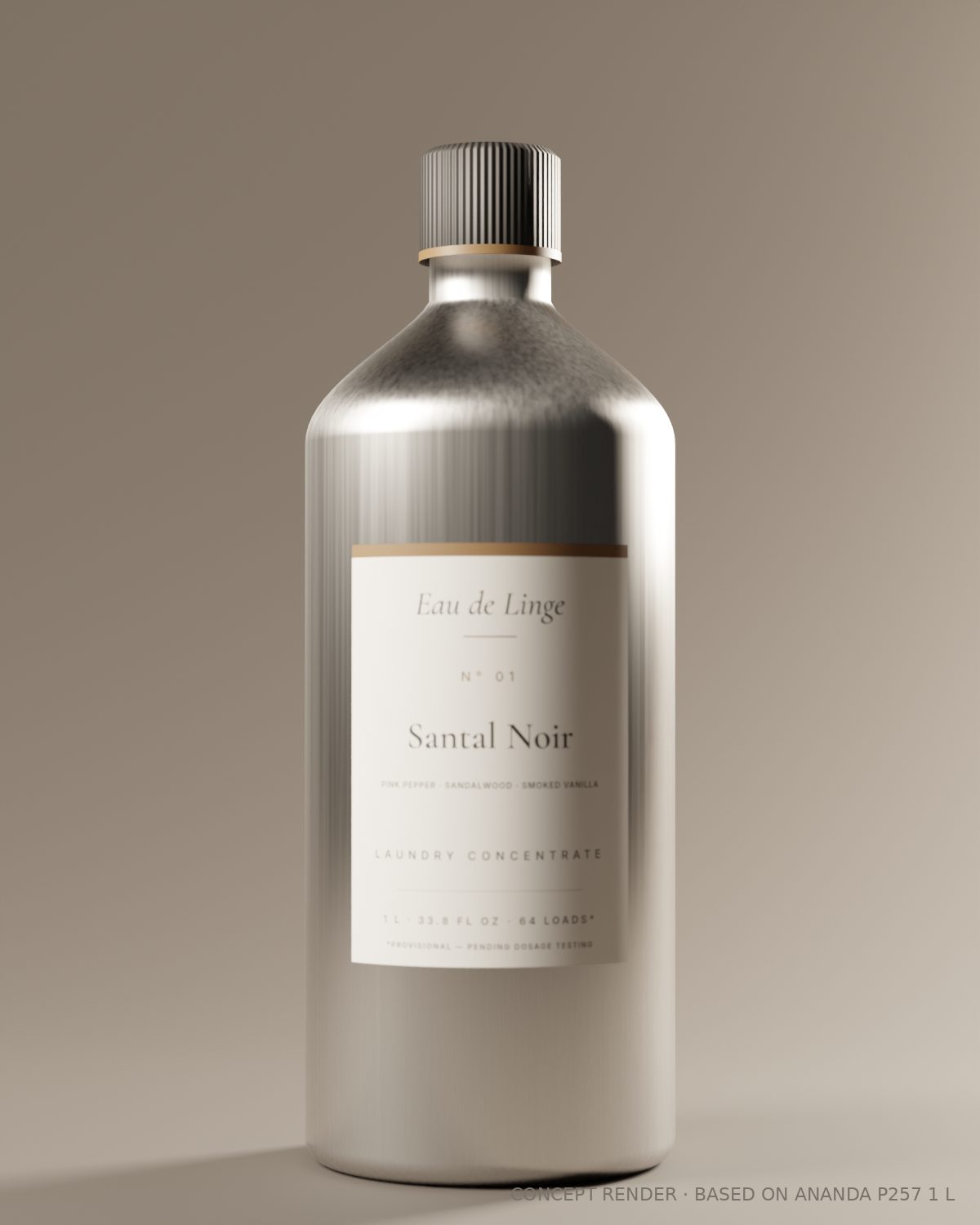 Santal Noir 1 L aluminum bottle in low, warm light. Concept render.