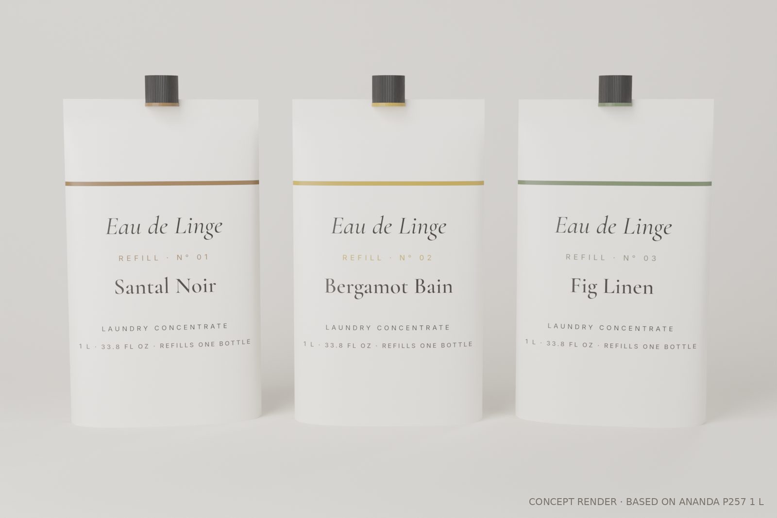 Planned refill pouches for Santal Noir, Bergamot Bain and Fig Linen. Concept render; pouch material still being sourced.