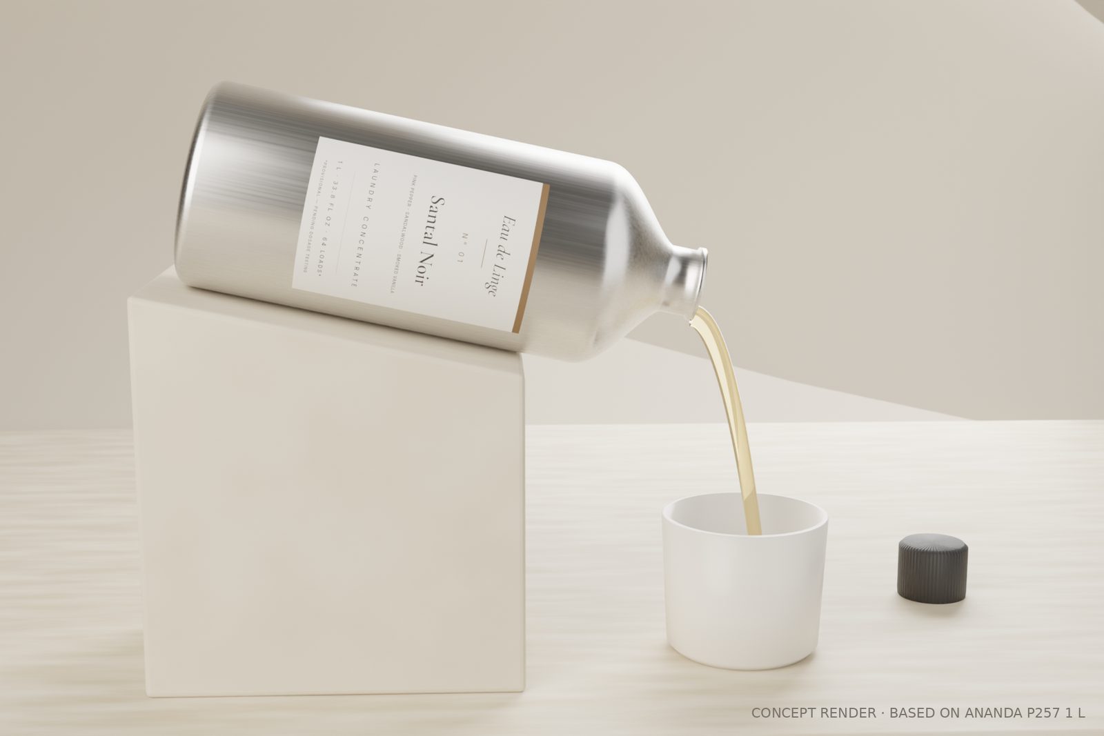 Santal Noir 1 L bottle pouring a measured dose of concentrate into a small white cup. Concept render; formula in development.